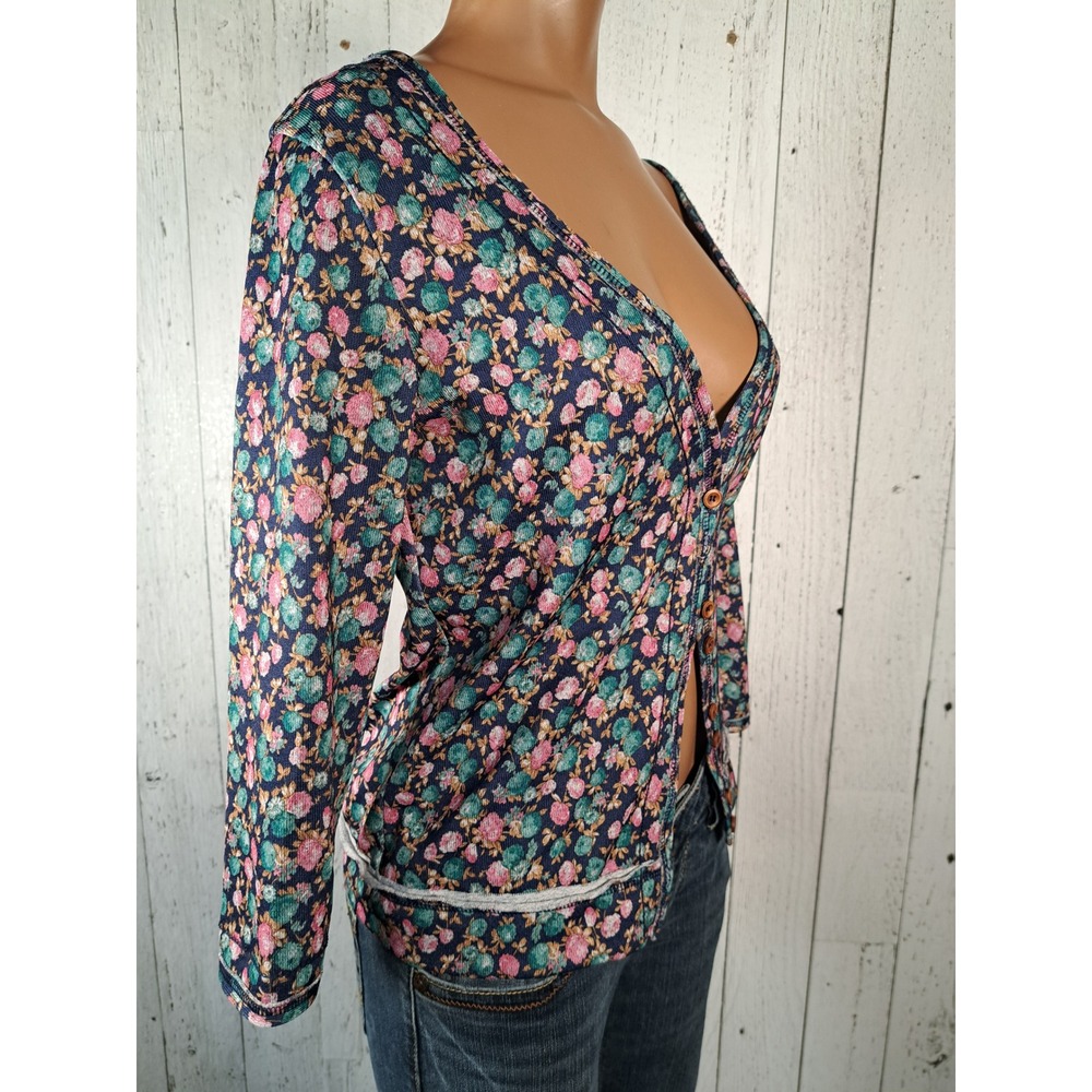 Papaya Floral Cardigan Sweater Navy Pink Teal V-Neck Button Front‎ Large Y2K